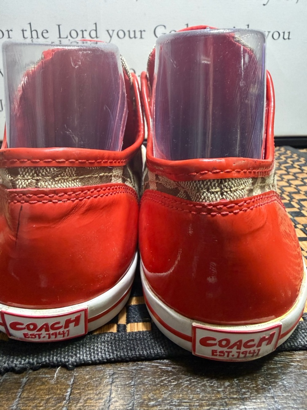 Coach Signature Monogram Sneakers in Khaki and Red Trim Women SZ 8- Box16 - Picture 3 of 6